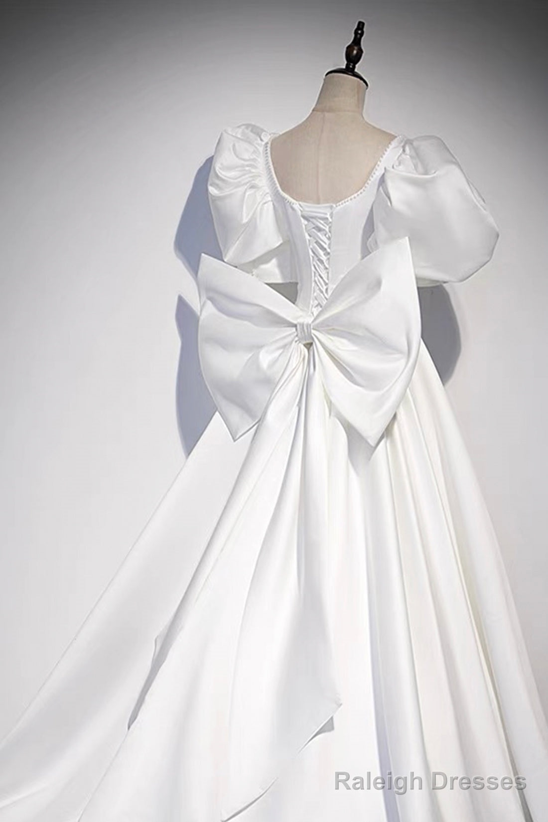 White Satin Long Prom Dresses Beautiful Short Sleeve Prom Dresses With Bow