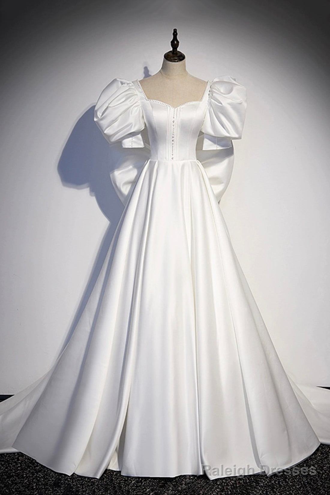White Satin Long Prom Dress, Beautiful Short Sleeve Evening Dress With Bow
