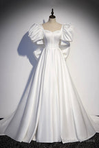 White Satin Long Prom Dresses Beautiful Short Sleeve Prom Dresses With Bow