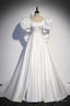 White Satin Long Prom Dresses Beautiful Short Sleeve Prom Dresses With Bow