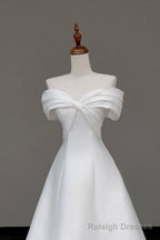 White Satin Long Prom Dress, Off the Shoulder A-Line Evening Party Dress