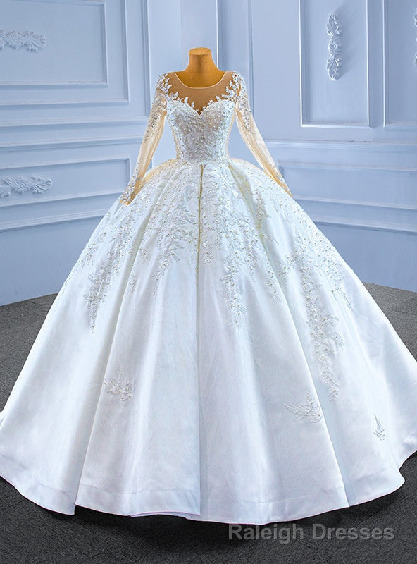 White Satin Long Sleeve Appliques Beading Wedding Dress