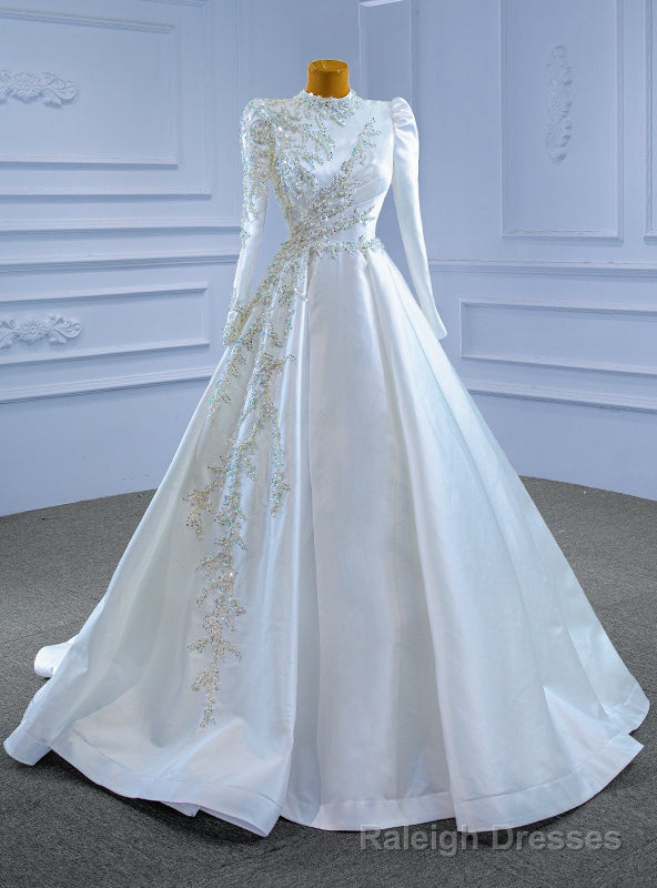 White Satin Long Sleeve High Neck Beading Wedding Dress