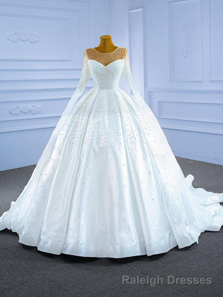 White Satin Long Sleeve Pearls Illusion Neck Wedding Dress