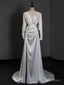 White Satin Long Sleeve Pleats Wedding Dress