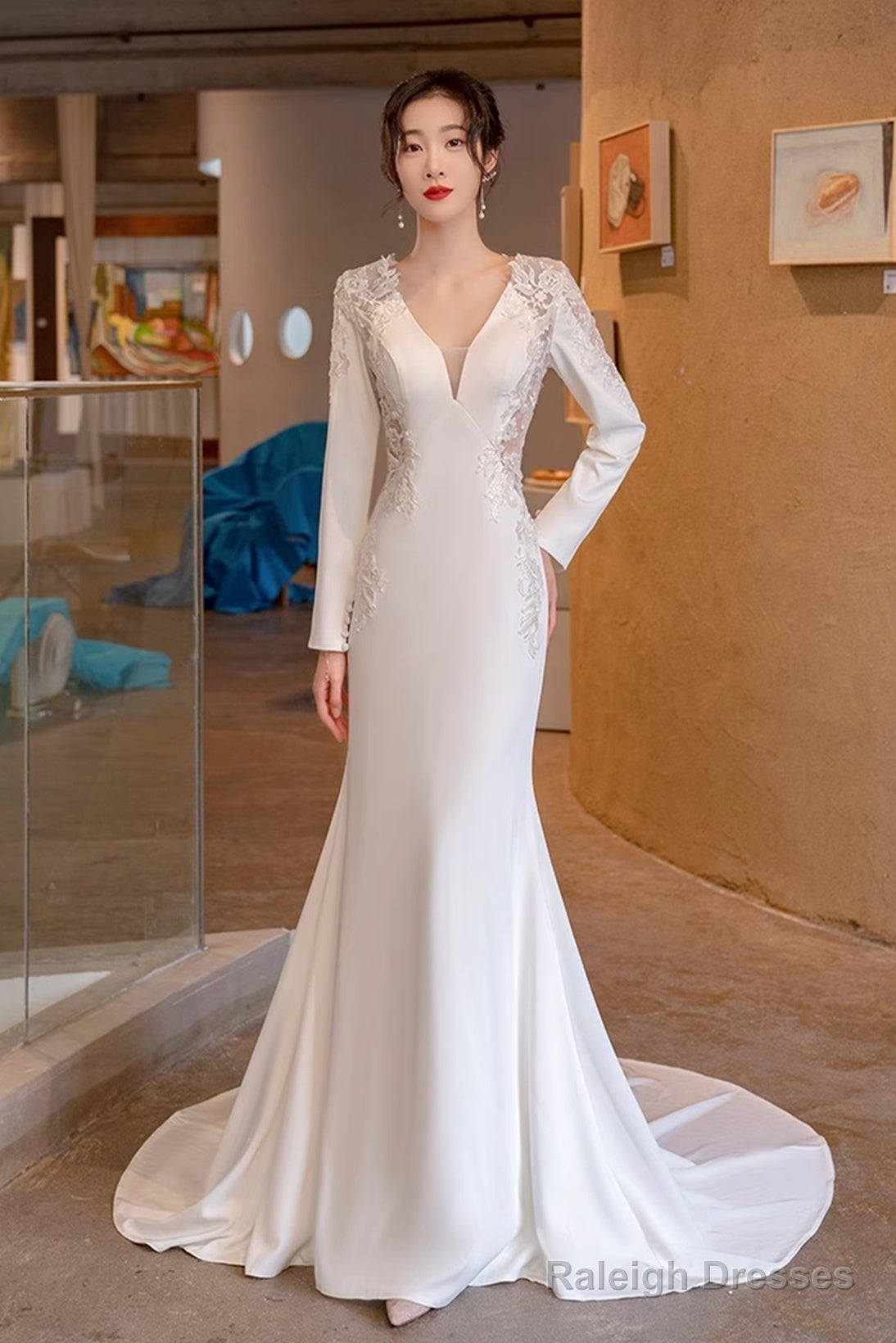 White Satin Mermaid Long Sleeves With Lace Wedding Party Dress, White Long Formal Dress Secondary image