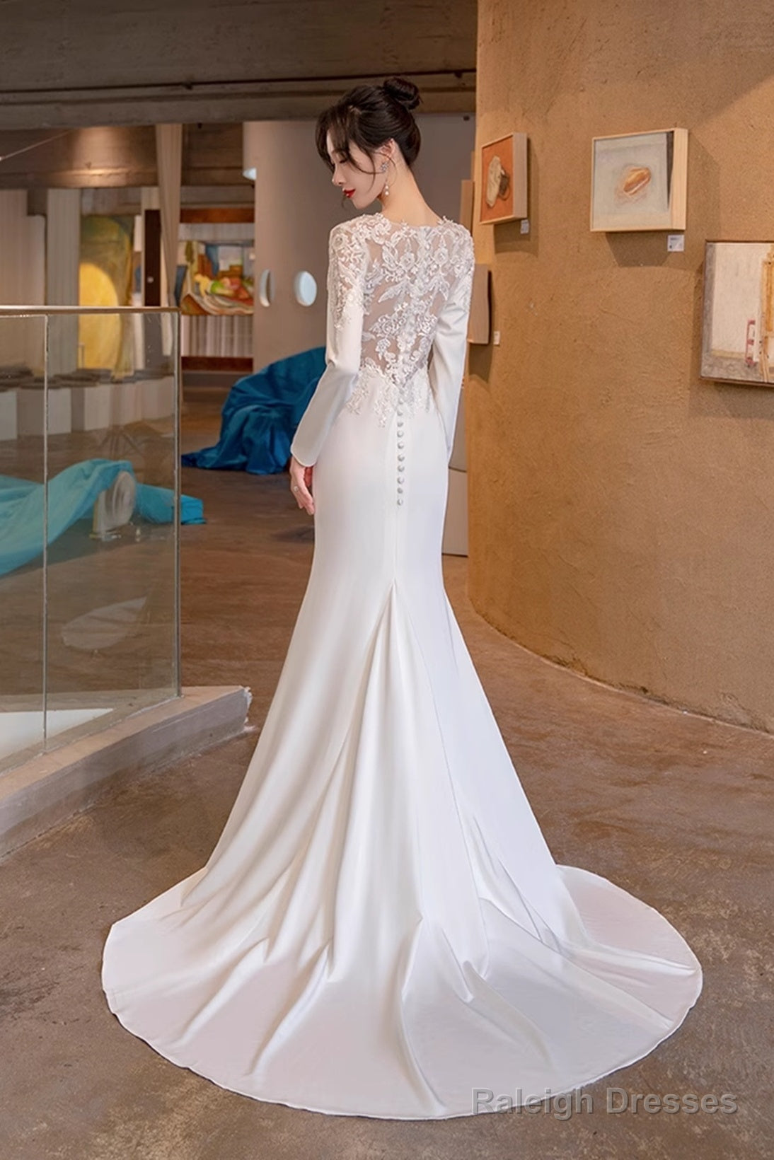 White Satin Mermaid Long Sleeves With Lace Wedding Party Dress, White Long Formal Dress