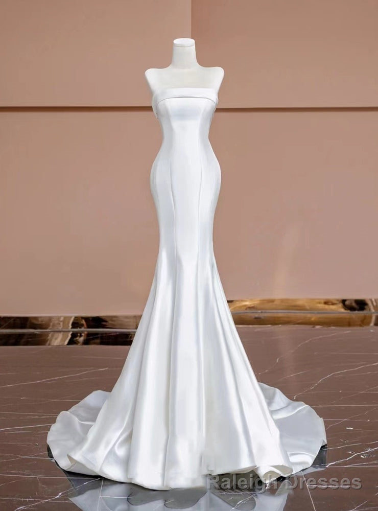 White Satin Mermaid Strapless Wedding Dress Main image