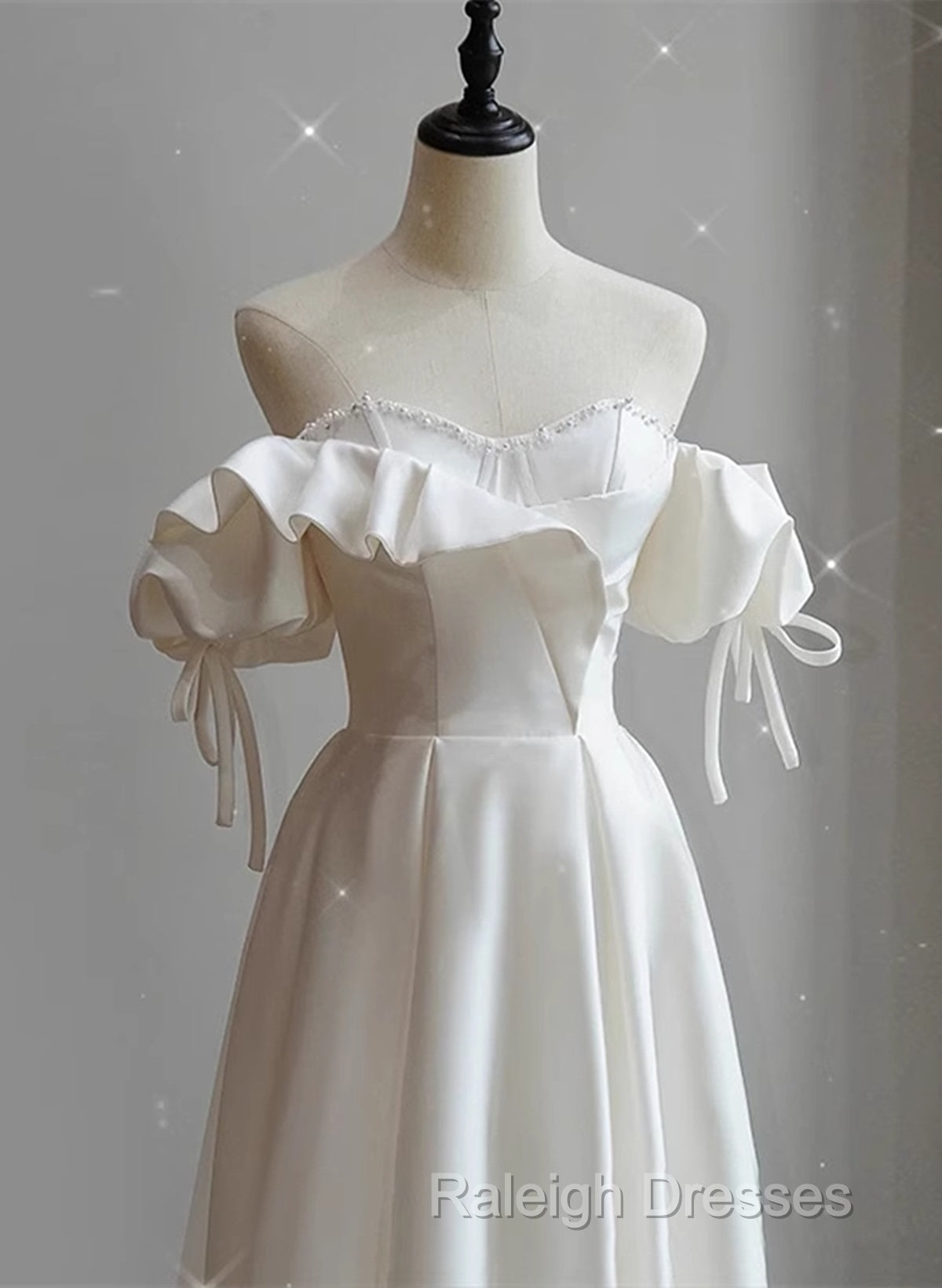 White Satin Off Shoulder Beaded Sweetheart Prom Dresses White Long Prom Dresses