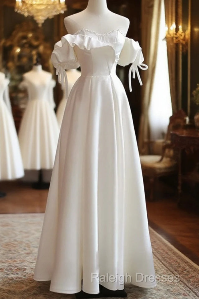 White Satin Off Shoulder Beaded Sweetheart Prom Dresses White Long Prom Dresses