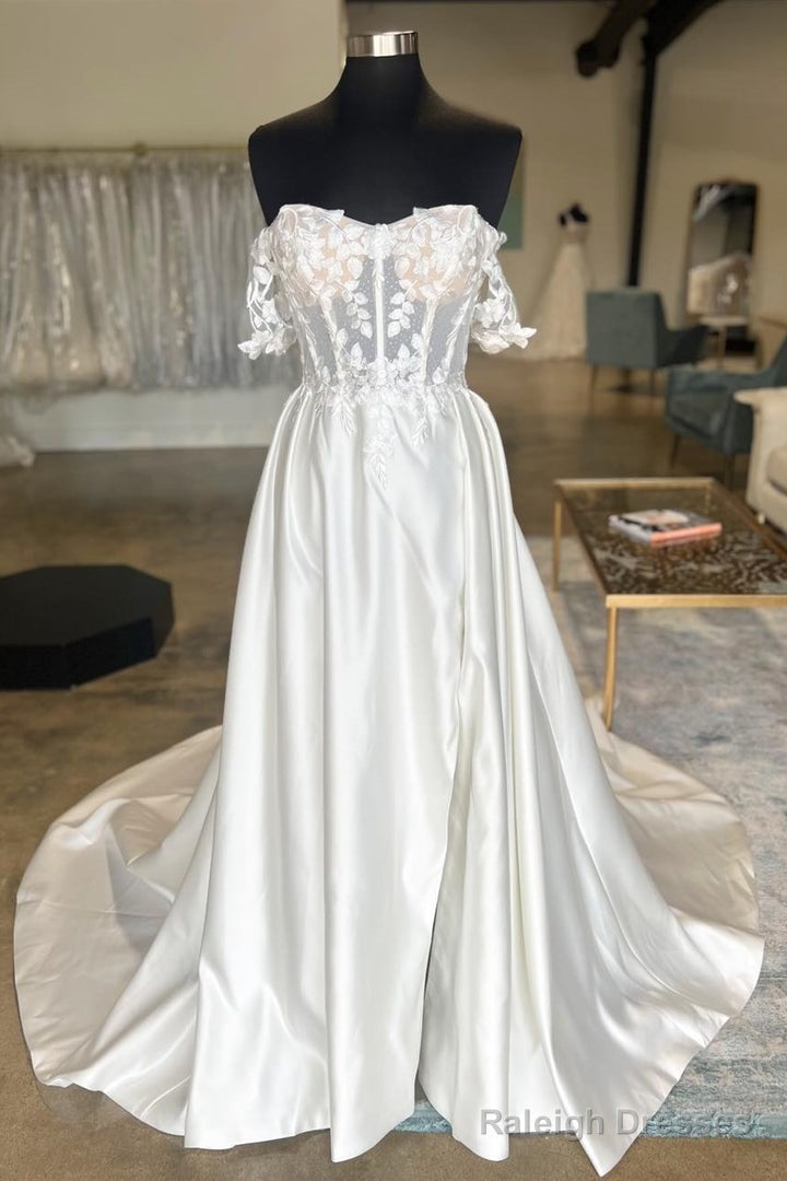 White Satin Off-The-Shoulder Appliques Long Wedding Dress Beautiful
