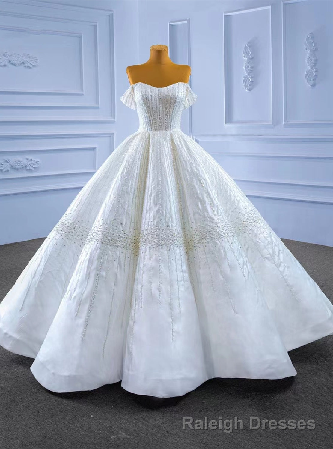 White Satin Off the Shoulder Heavy Beading Sequins Wedding Dress Main image