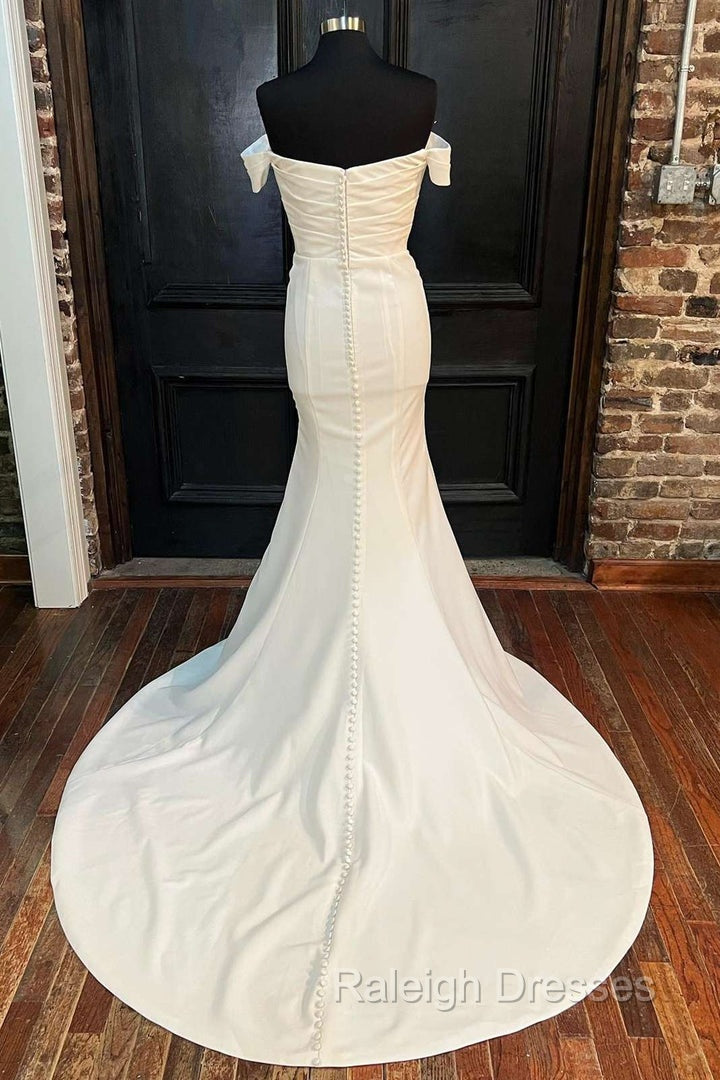 White Satin Off-The-Shoulder Mermaid Long Wedding Dress Pure Color