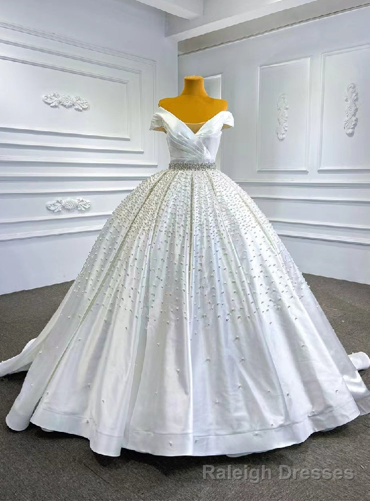 White Satin Off the Shoulder Pearls Crystal Wedding Dress Main image