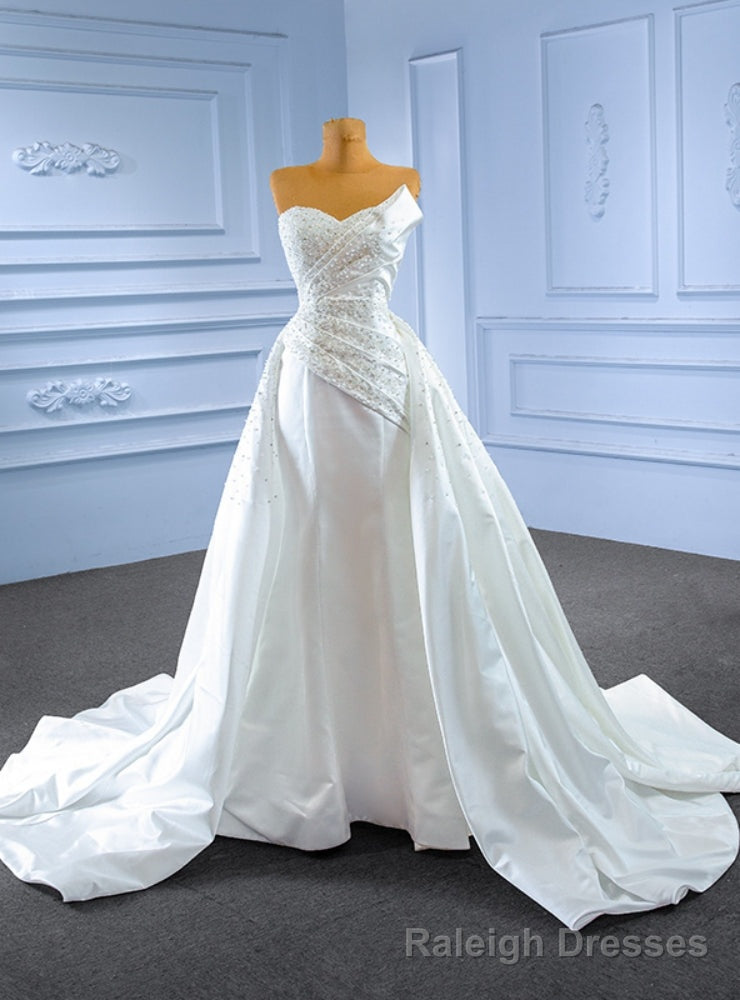 White Satin Off the Shoulder Pearls Wedding Dress Main image