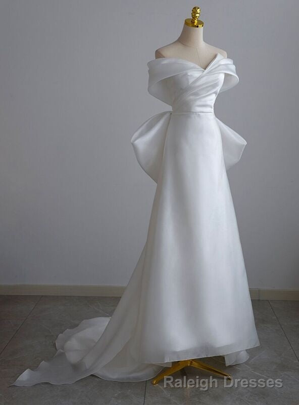 White Satin Off the Shoulder Pleats Bow Wedding Dress Main image