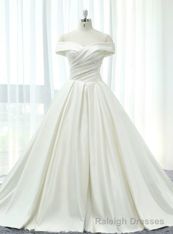 White Satin Off The Shoulder Pleats With Train Wedding Dress Main image