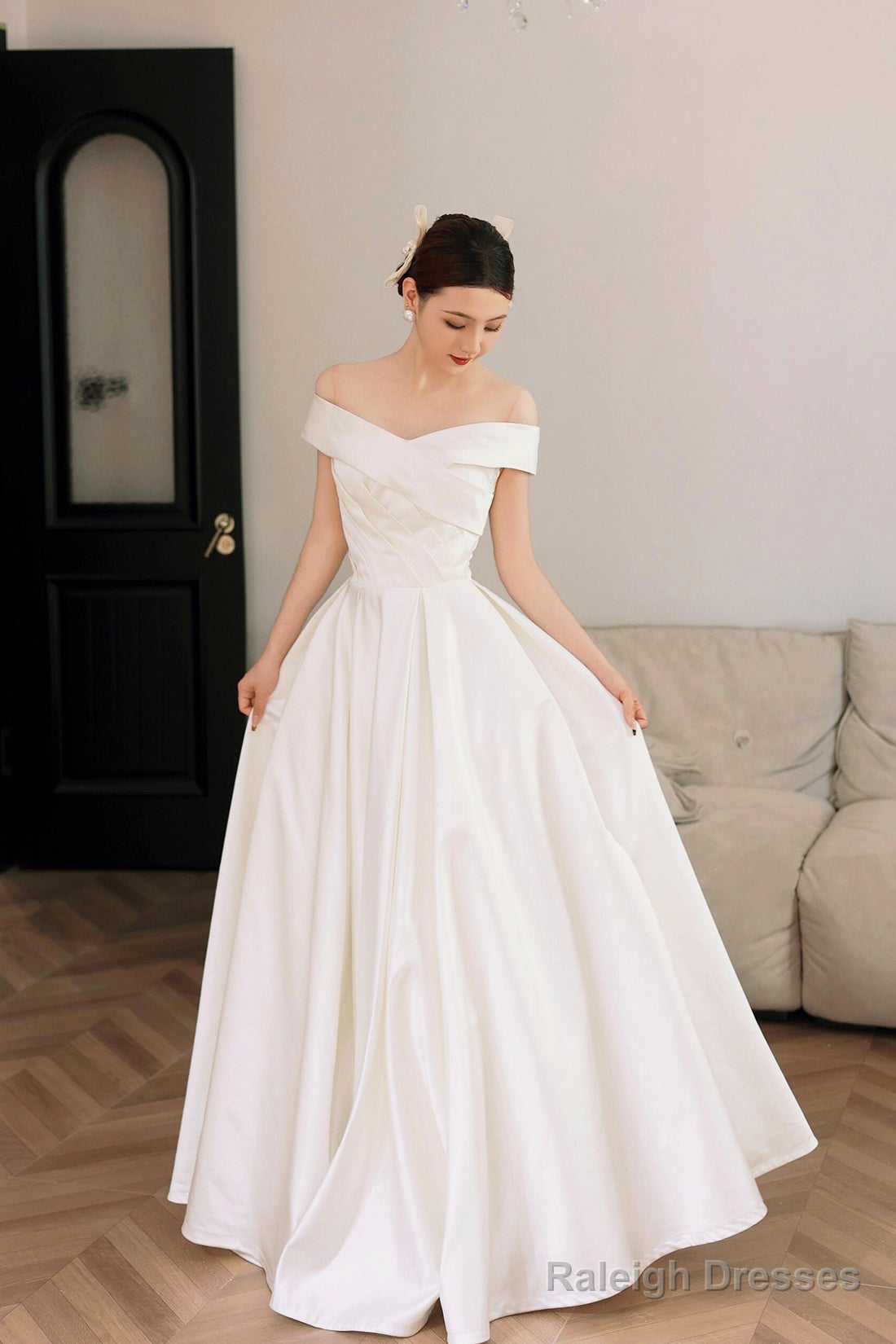 White Satin Off The Shoulder Prom Dress, A-Line Floor Length Evening Party Dress Main image