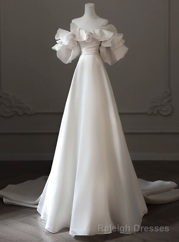 White Satin Off the Shoulder Puff Sleeve Pleats Wedding Dress Main image