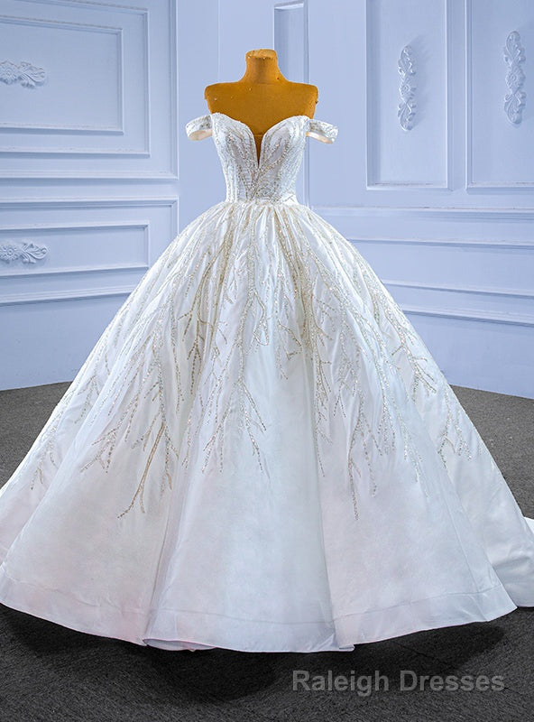 White Satin Off the Shoulder Sequins Appliques Wedding Dress
