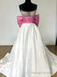 White Satin Pink Bow Beading Prom Dress