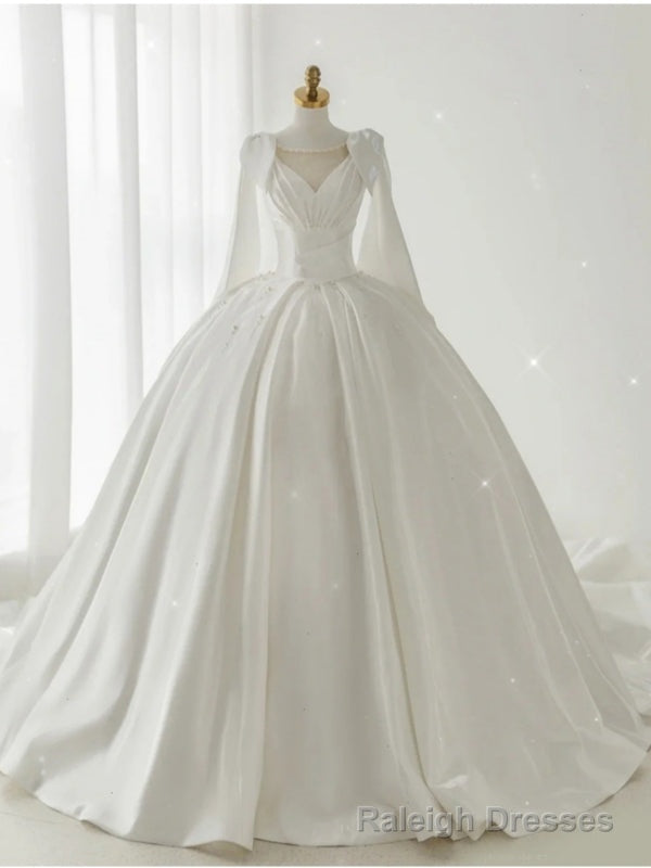 White Satin Pleats Pearls Wedding Dress