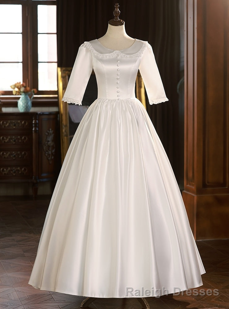 White Satin Short Sleeve Lace Button Wedding Dress Main image
