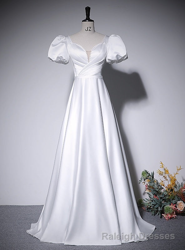 White Satin Short Sleeve Pearls Pleats Prom Dress Main image