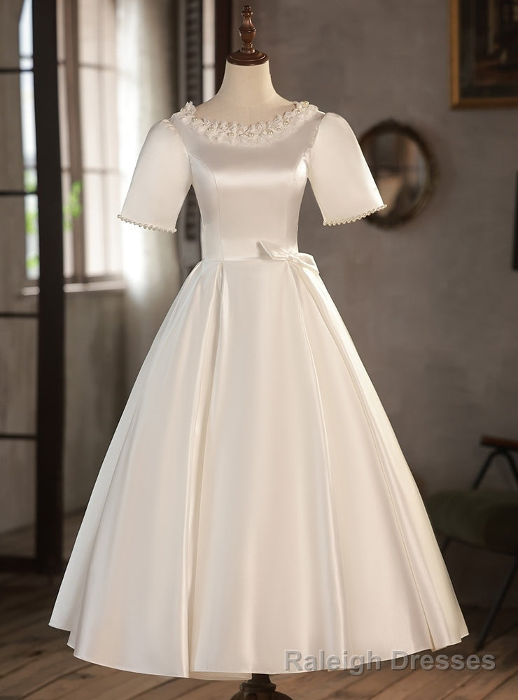 White Satin Short Sleeve Pearls Wedding Dress Main image