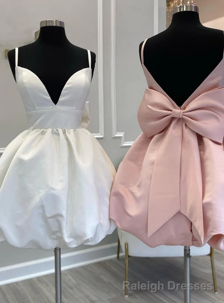 White Satin Spaghetti Straps Bow Homecoming Dress