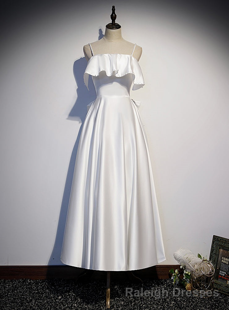 White Satin Spaghetti Straps Pearls Prom Dress Main image