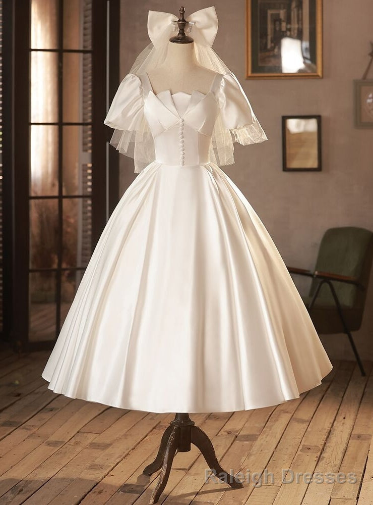 White Satin Square Neck Short Sleeve Button Wedding Dress Main image