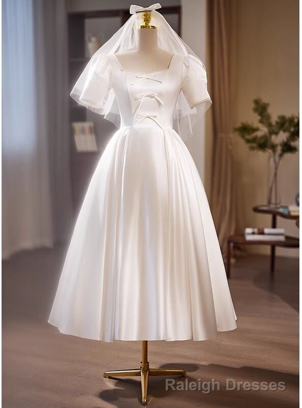 White Satin Square Neck Short Sleeve Pearls Wedding Dress Main image