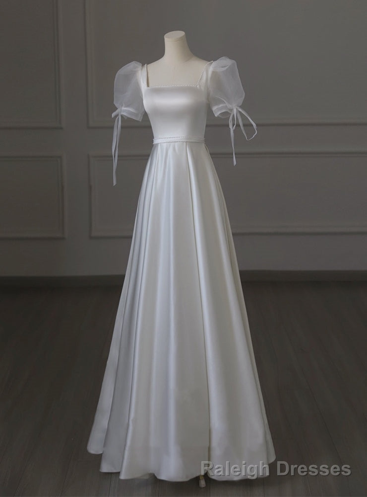 White Satin Square Puff Sleeve Pearls Wedding Dress