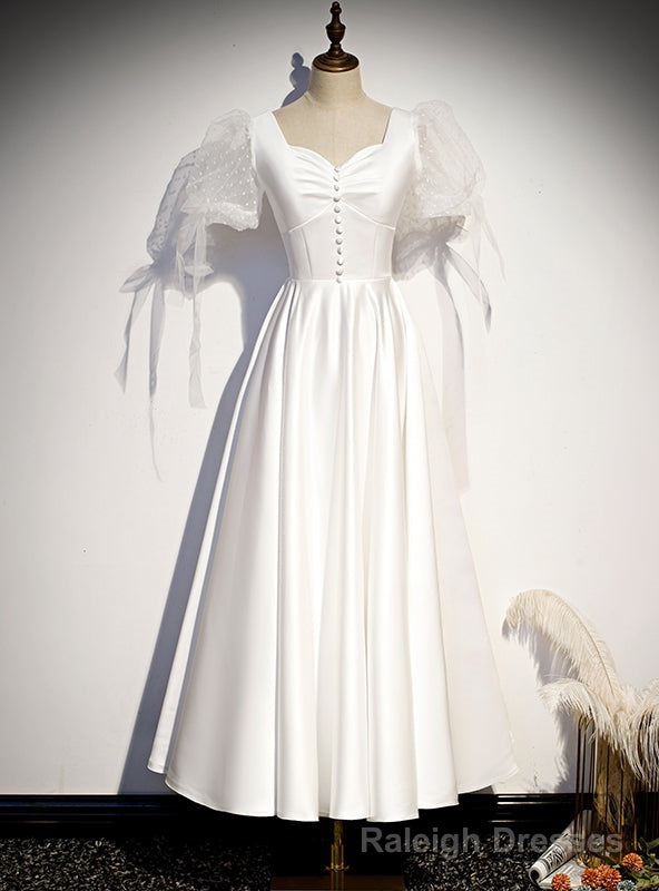 White Satin Square Short Sleeve Button Prom Dress Main image
