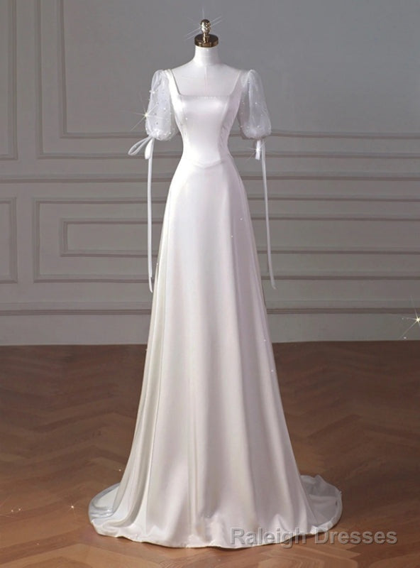 White Satin Square Short Sleeve Wedding Dress Main image