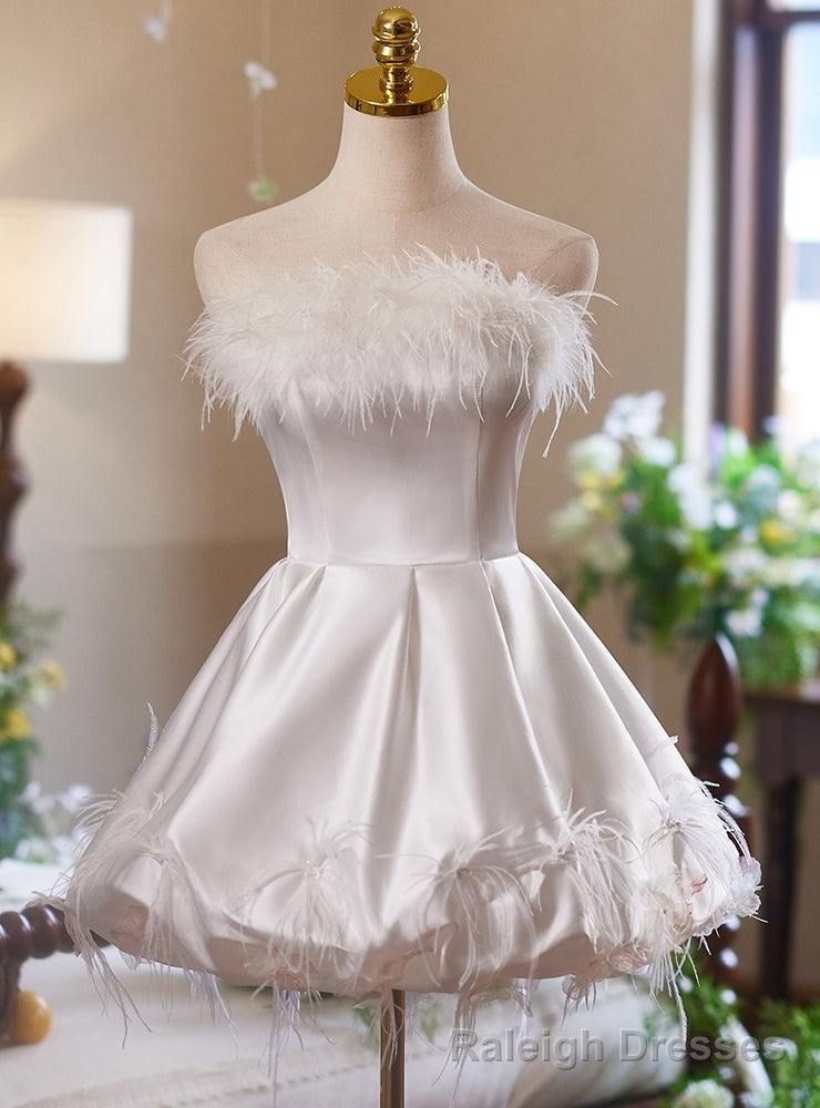 White Satin Strapless Feather Homecoming Dress Main image