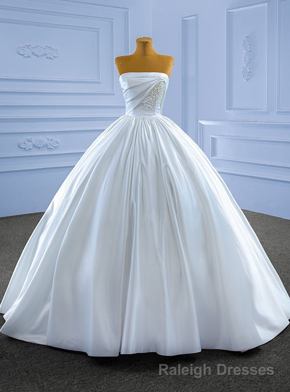 White Satin Strapless Pearls Pleats Wedding Dress Main image