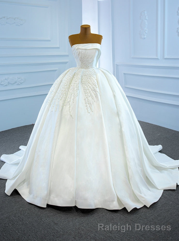 White Satin Strapless Pearls Sleeveless Pleats Wedding Dress Main image