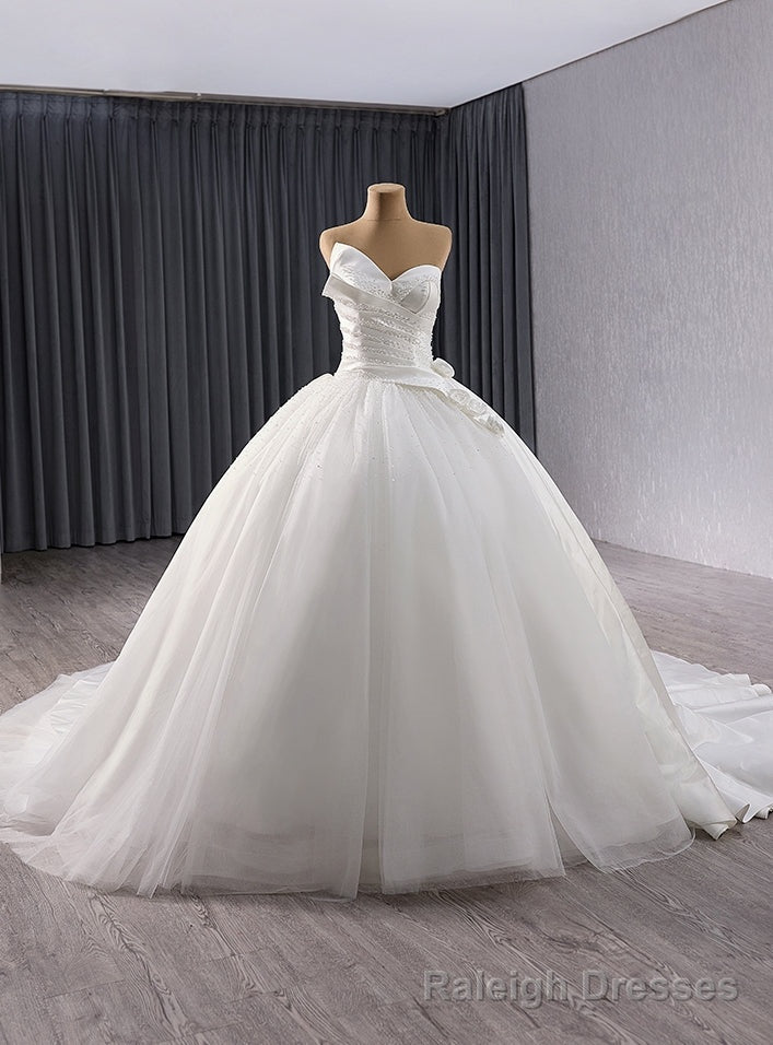 White Satin Strapless Pleats Beading Wedding Dress With Train Main image