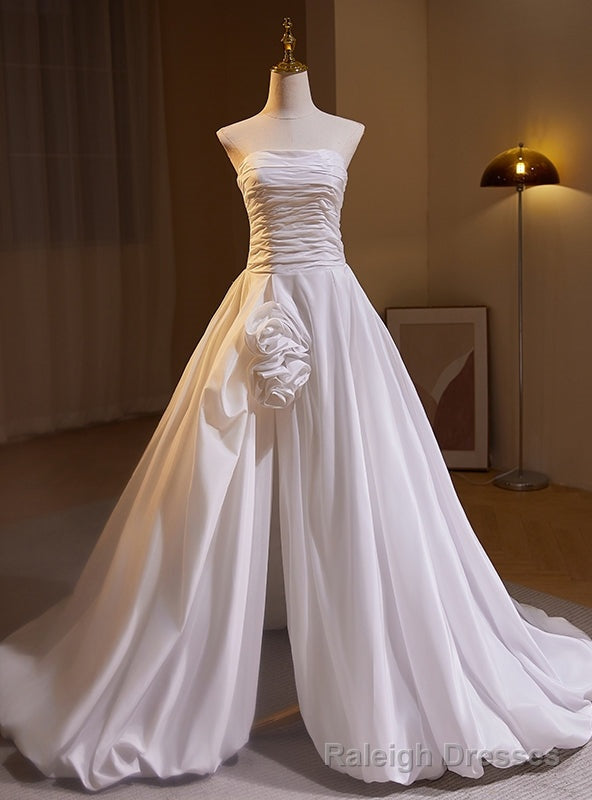 White Satin Strapless Pleats Split Wedding Dress Main image