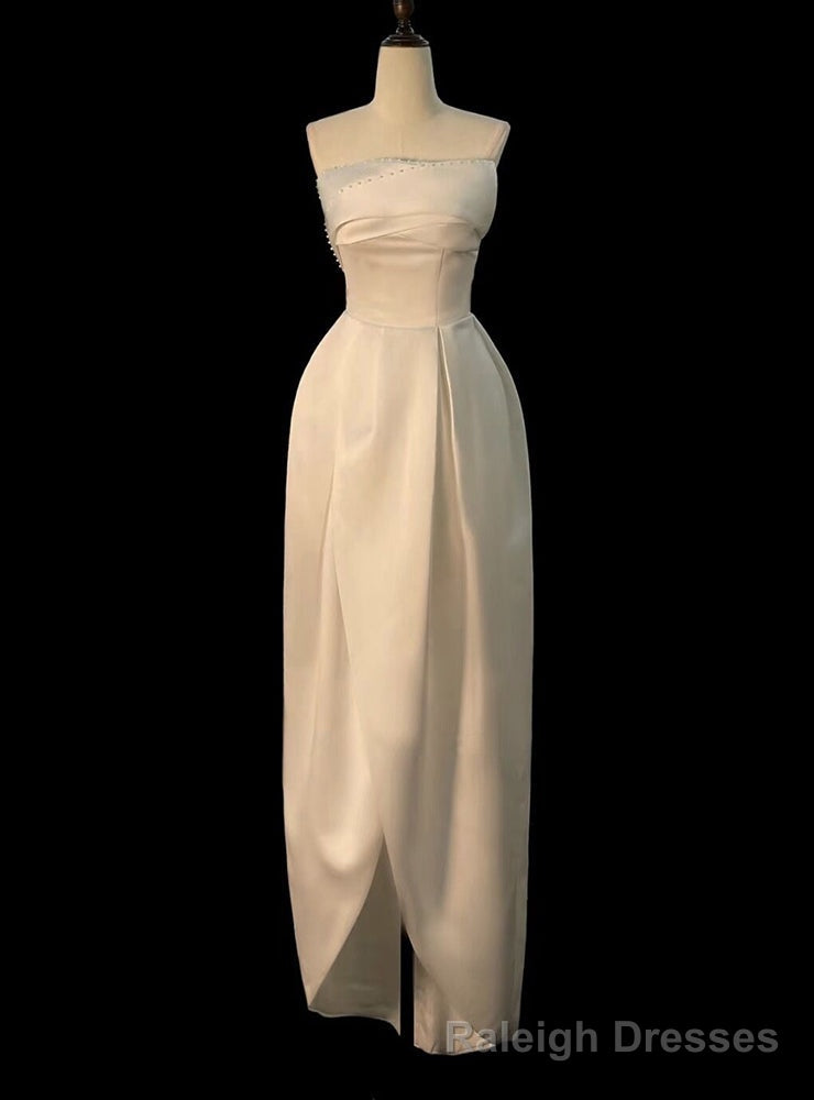 White Satin Strapless Tea Length Wedding Dress