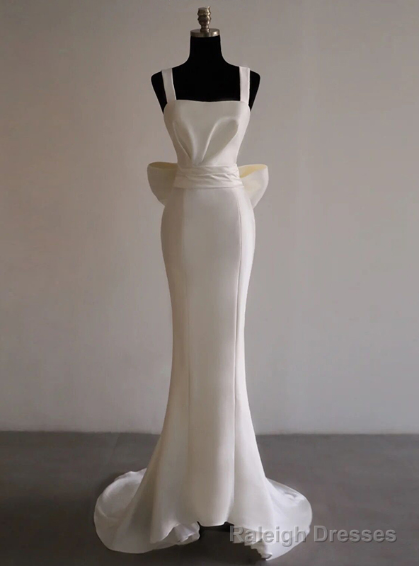 White Satin Straps Pleats Wedding Dress With Bow Main image