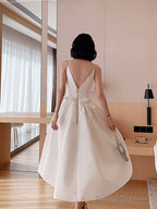 White Satin Tea Length Prom Dress, White Evening Dress