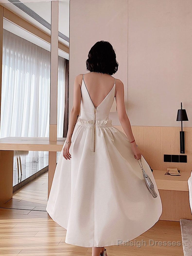 White Satin Tea Length Prom Dress, White Evening Dress