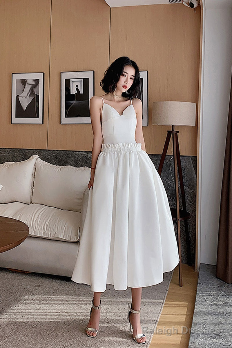 White Satin Tea Length Prom Dress, White Evening Dress Main image