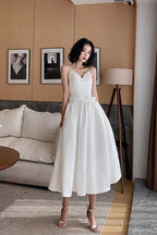 White Satin Tea Length Prom Dress, White Evening Dress