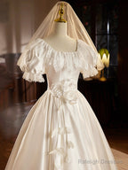 White Satin Tea Length Prom Dress With Lace, Retro A-Line Evening Party Dress