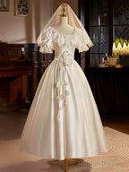 White Satin Tea Length Prom Dresses With Lace Retro A-Line Prom Dresses