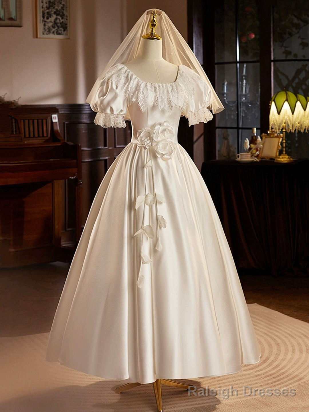 White Satin Tea Length Prom Dresses With Lace Retro A-Line Prom Dresses